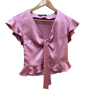 Abercrombie & Fitch Pink Satin Tie-Front Ruffle Blouse